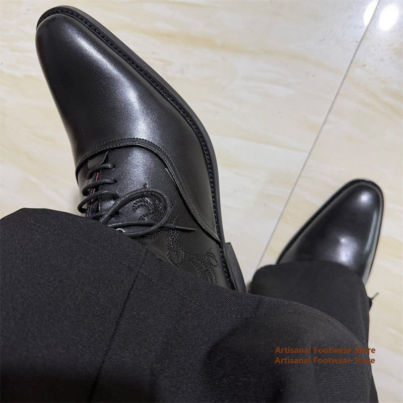 Leather Shoe Polish - Erkekler için Siyah, Nakışlı, Derby Tarzı,